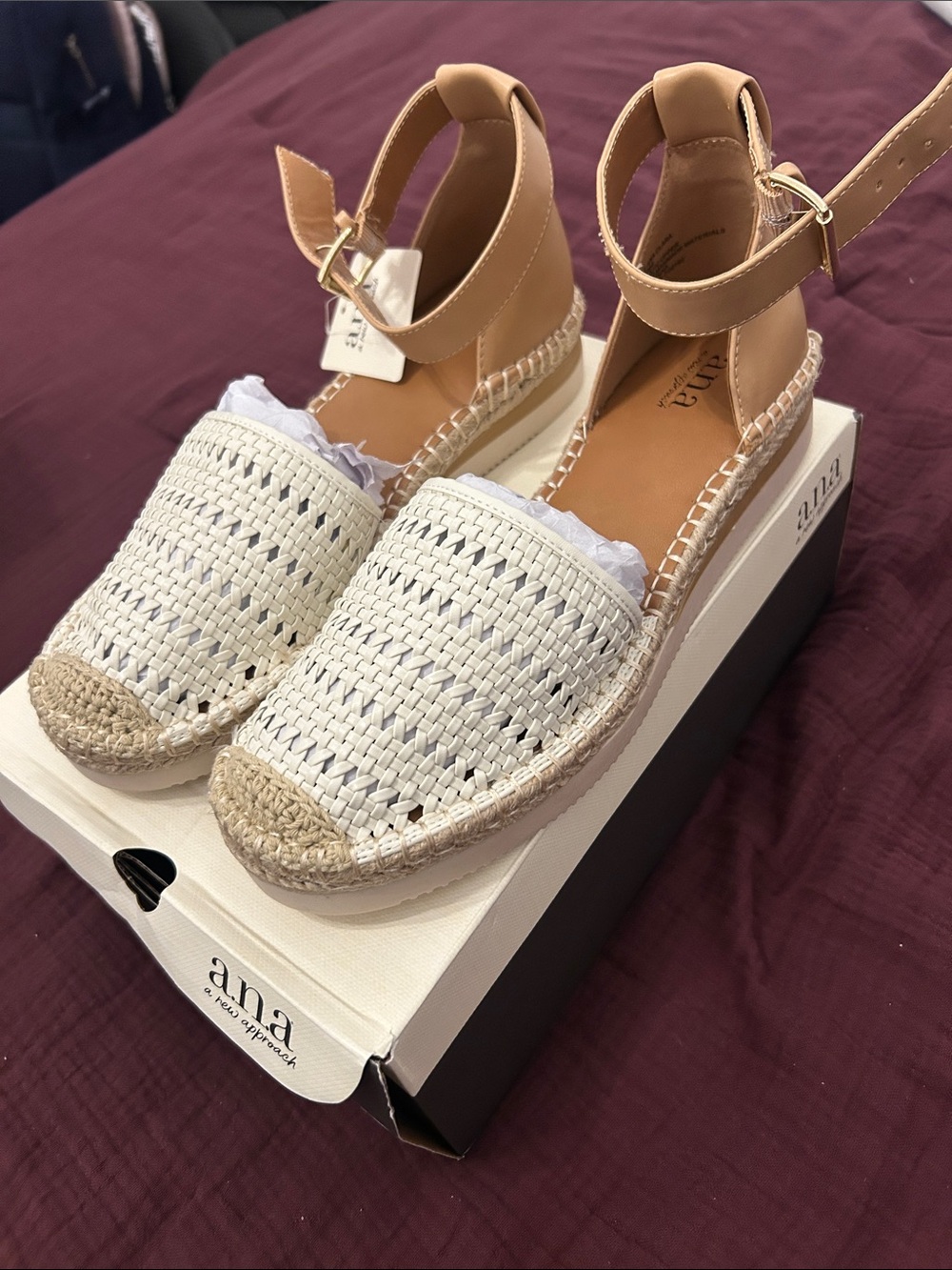 a.n.a Cream Woven Espadrille Platform Sandal with Tan Ankle Strap